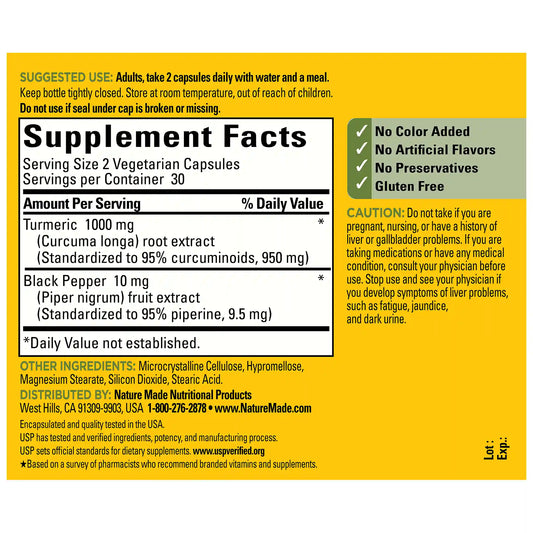 Turmeric Extra Strength 1000 mg (950 mg Curcuminoids) Per Serving Capsules